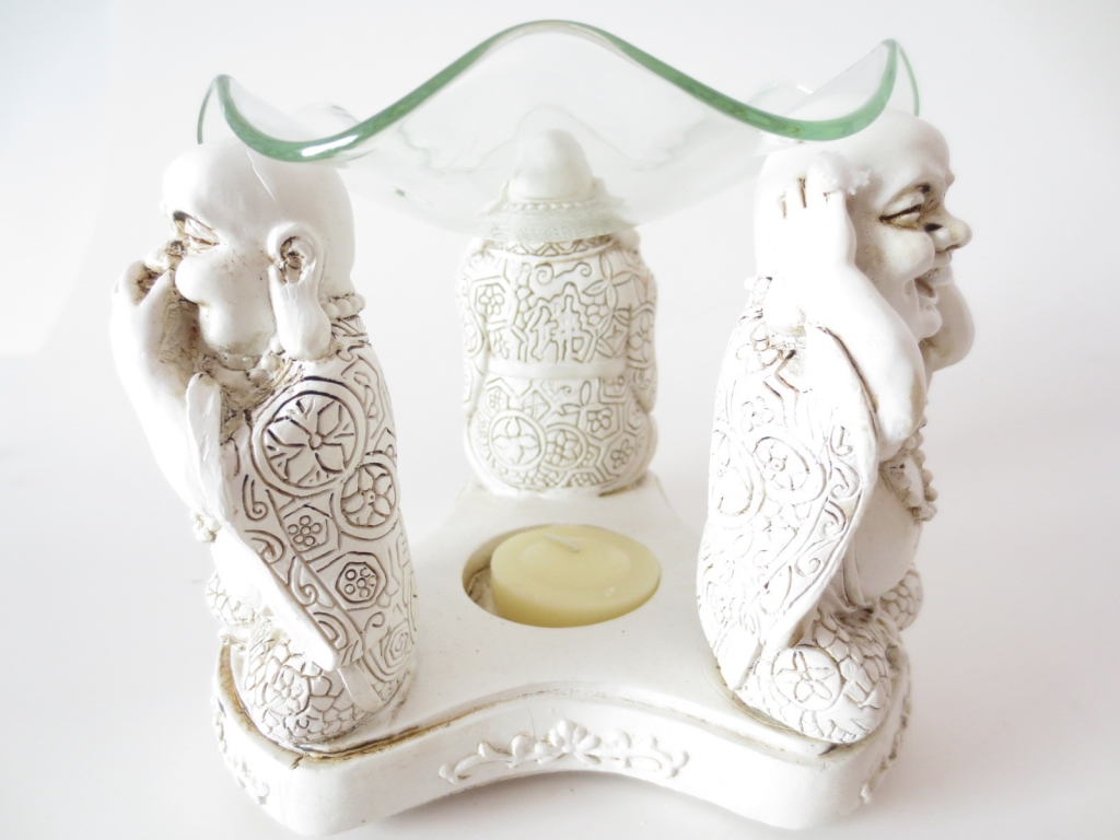 3 Blije Boeddha's oliebrander 'Horen, Zien, Zwijgen' oliebrander wit - Afbeelding 2